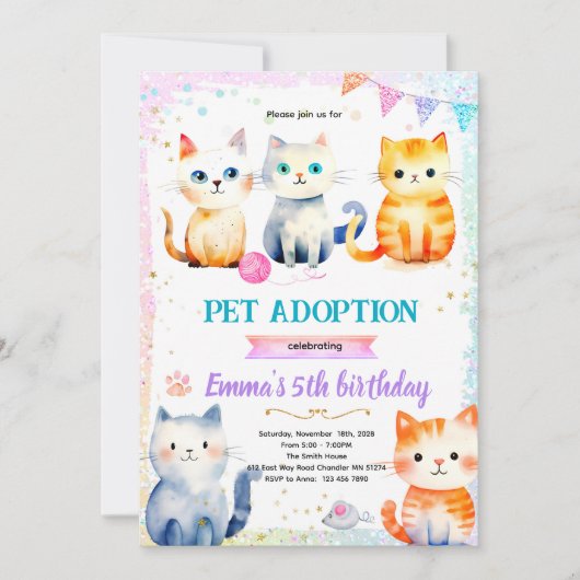 Cute kat poes thema feest uitnodiging (Voorkant)