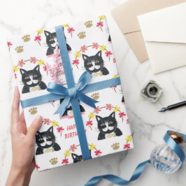 Cute Kat roze en Black Happy Birthday Cadeaupapier