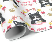 Cute Kat roze en Black Happy Birthday Cadeaupapier (Rol Hoek)