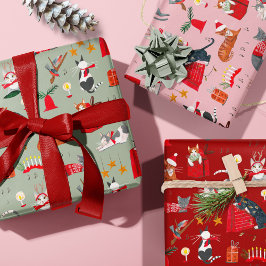 Cute Kat Roze Rood Groen Retro Patroon Kerstmis Inpakpapier Vel