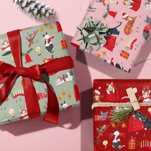 Cute Kat Roze Rood Groen Retro Patroon Kerstmis  Inpakpapier Vel