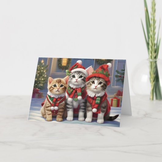 Cute Katten Met Kerstmannenhoeden Kaart (Voorkant)