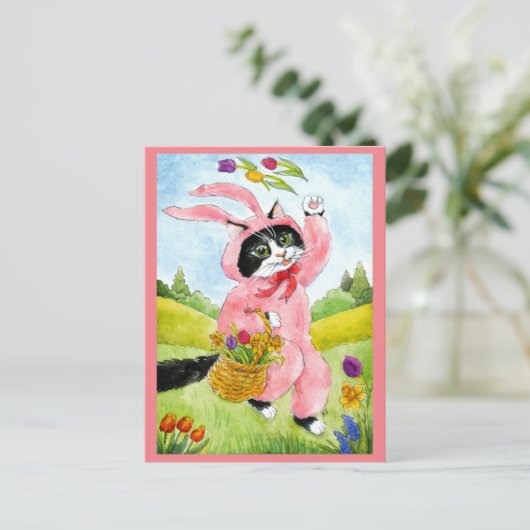 Cute kattenpak bloemen roze paasmakerij briefkaart (Staand voorkant)