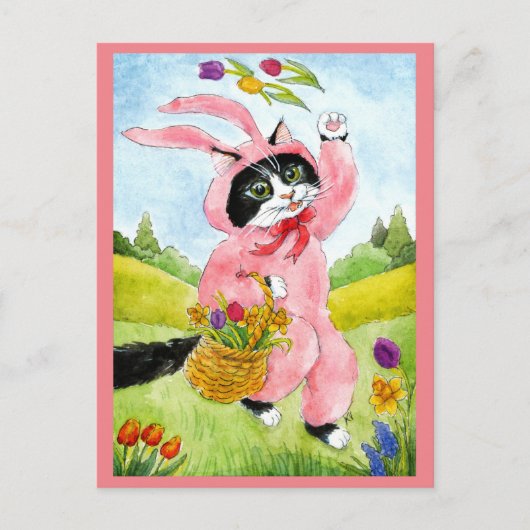 Cute kattenpak bloemen roze paasmakerij briefkaart (Voorkant)