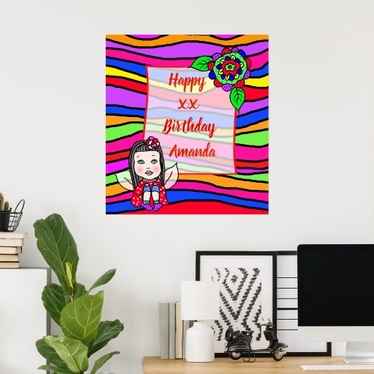 Cute Kaukasian Fairy Girl Happy Birthday Poster (Thuiskantoor)