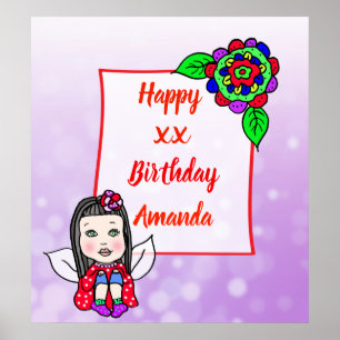 Cute Kaukasian Fairy Girl Happy Birthday Poster