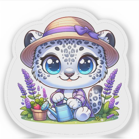 Cute Kawai Bloem Tuinieren Sneeuwluipaard Stickers (Voorkant)