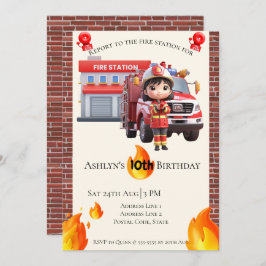 Cute Kawai Fire fighter Girl Theme Birthday  Kaart