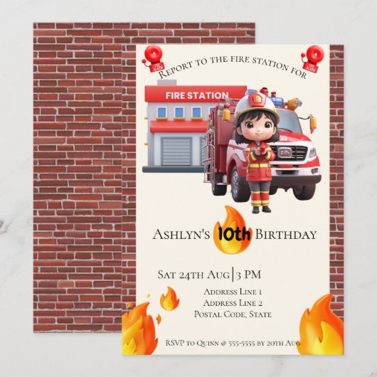 Cute Kawai Fire fighter Girl Theme Birthday Kaart (Voorkant / Achterkant)