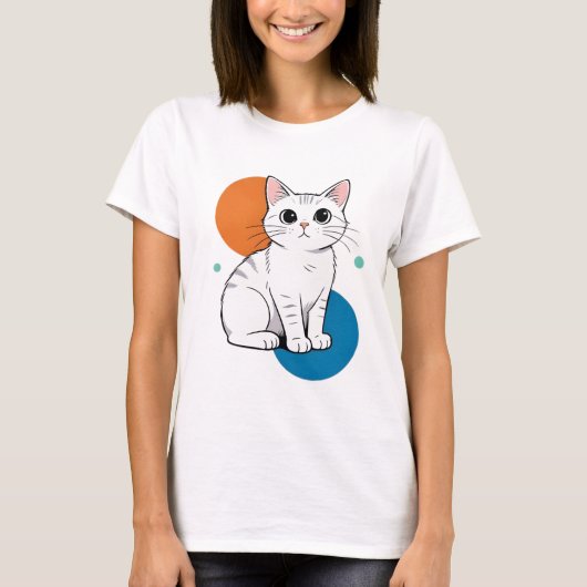 Cute Kawai White Grey Tabby Cat Illustration T-shirt (Voorkant)
