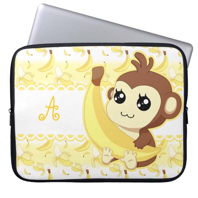 Cute Kawaii aap met bananenmonogram Laptop Sleeve (Voorkant)