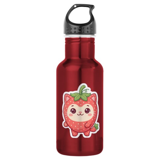 Cute Kawaii Aardbei Kat RVS Waterfles (Voorkant)