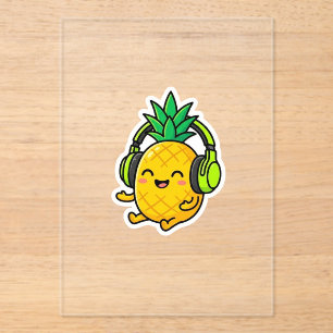 Cute Kawaii Ananas met Hoofdtelefoon SuSticker Acryl Uitnodigingen