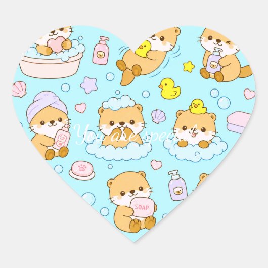 Cute Kawaii Animal Bath Time Pattern | Blue Pastel Hart Sticker (Voorkant)