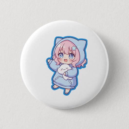Cute Kawaii Anime Girl Sticker Ronde Button 5,7 Cm (Voorkant)