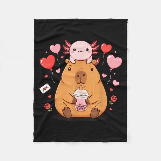 Cute Kawaii Axolotl Capybara Bubble Tea Boys Girls Fleece Deken (Voorkant)