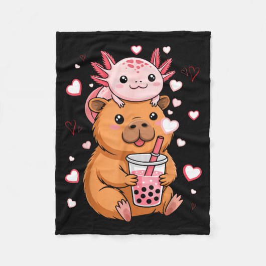 Cute Kawaii Axolotl Capybara Bubble Tea Boys Girls Fleece Deken (Voorkant)