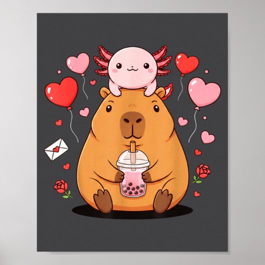 Cute Kawaii Axolotl Capybara Bubble Tea Boys Girls Poster (Voorkant)