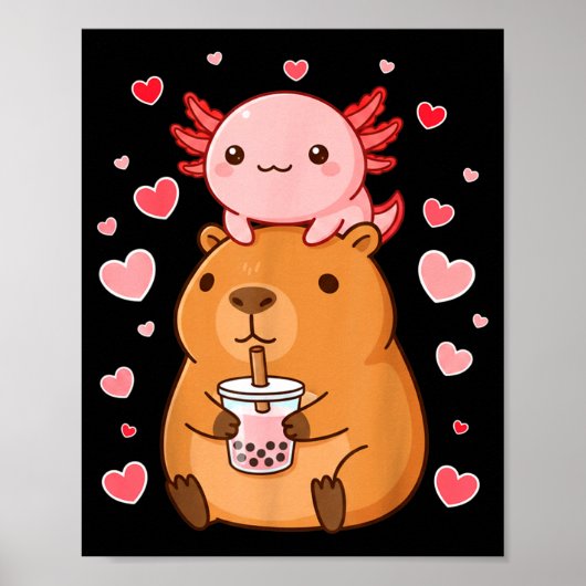 Cute Kawaii Axolotl Capybara Bubble Tea Boys Girls Poster (Voorkant)