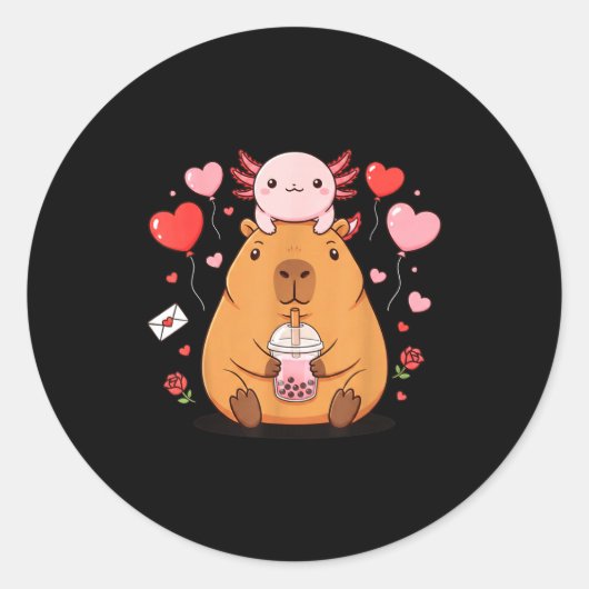 Cute Kawaii Axolotl Capybara Bubble Tea Boys Girls Ronde Sticker (Voorkant)