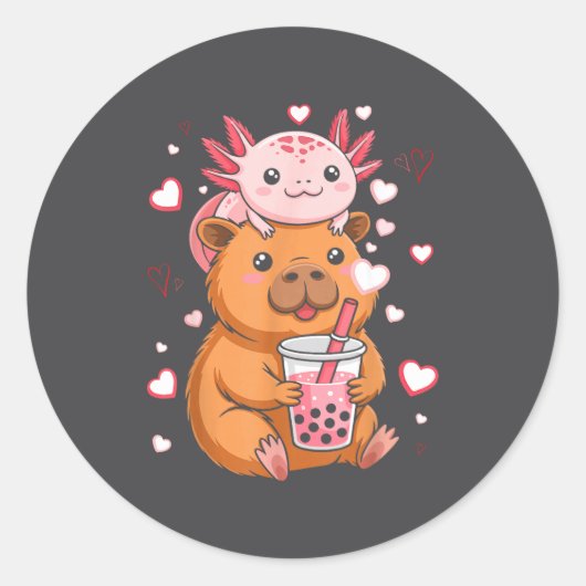 Cute Kawaii Axolotl Capybara Bubble Tea Boys Girls Ronde Sticker (Voorkant)