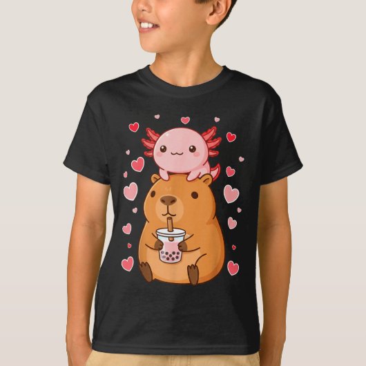 Cute Kawaii Axolotl Capybara Bubble Tea Boys Girls T-shirt (Voorkant)