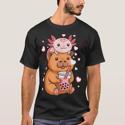 Cute Kawaii Axolotl Capybara Bubble Tea Boys Girls T-shirt (Voorkant)