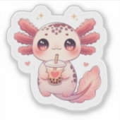 Cute Kawaii Axolotl Drinking Bubble Tea Sticker (Voorkant)