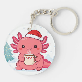 Cute Kawaii Axolotl Kerst Koffie Ronde Sleutelhang Sleutelhanger