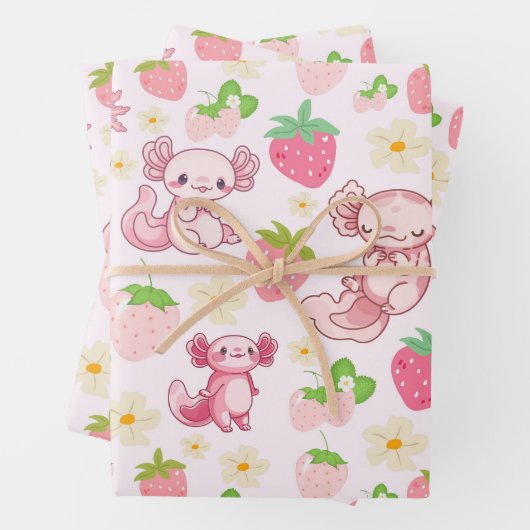 Cute Kawaii Axolotl & Strawberry Seamless Pattern Inpakpapier Vel (In situ)