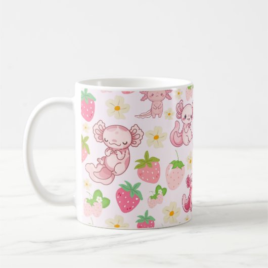 Cute Kawaii Axolotl & Strawberry Seamless Pattern Koffiemok (Links)