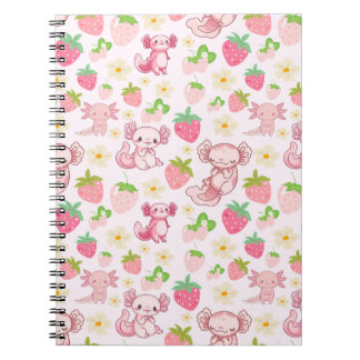 Cute Kawaii Axolotl & Strawberry Seamless Pattern Notitieboek
