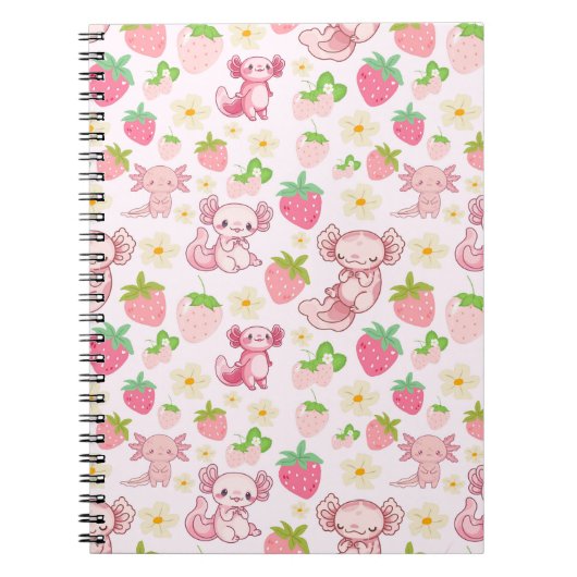 Cute Kawaii Axolotl & Strawberry Seamless Pattern Notitieboek (Voorkant)