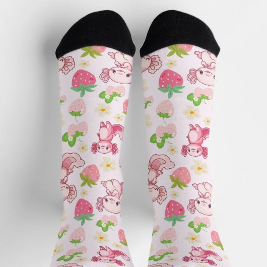 Cute Kawaii Axolotl & Strawberry Seamless Pattern Sokken (Top)