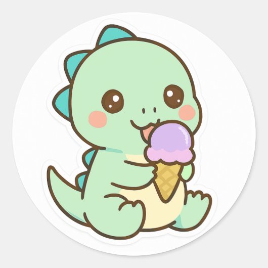 Cute Kawaii Baby Dinosaur Eating Ice Cream Sticker (Voorkant)