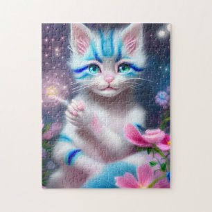 Cute Kawaii baby gestreept roze en blauwe kattenki Legpuzzel