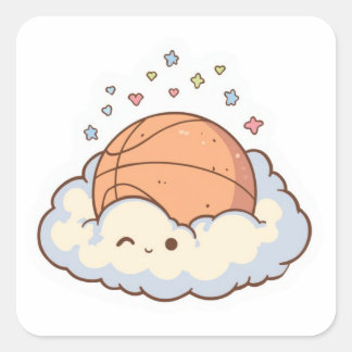 Cute Kawaii Basketbal op Wolkige Esthetische Stick Vierkante Sticker