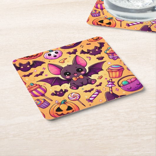 Cute kawaii bat candy halloween kartonnen onderzetters (Schuin)