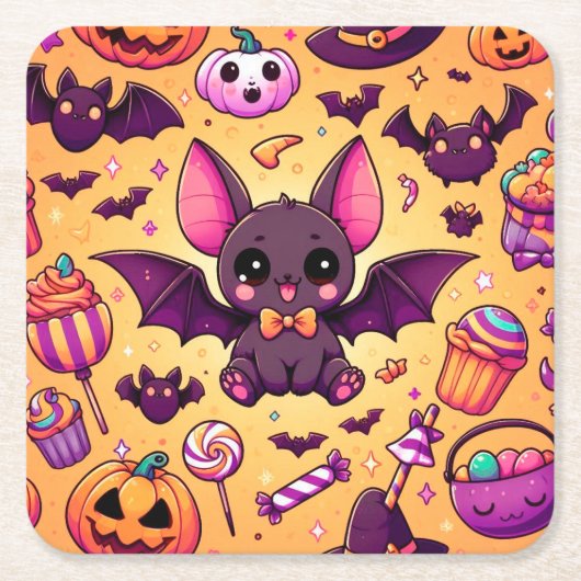 Cute kawaii bat candy halloween kartonnen onderzetters (Voorkant)