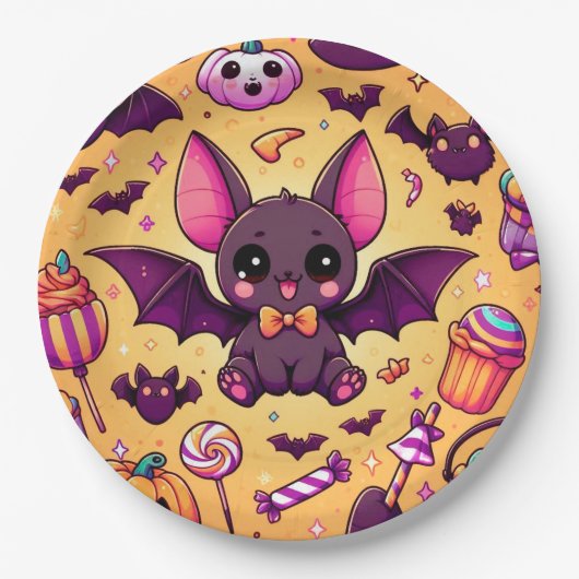 Cute kawaii bat candy halloween papieren bordje (Voorkant)