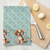 Cute Kawaii Beagle with Hearts Playful Dog Art Theedoek (Quarter Fold)