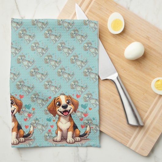 Cute Kawaii Beagle with Hearts Playful Dog Art Theedoek (Quarter Fold)
