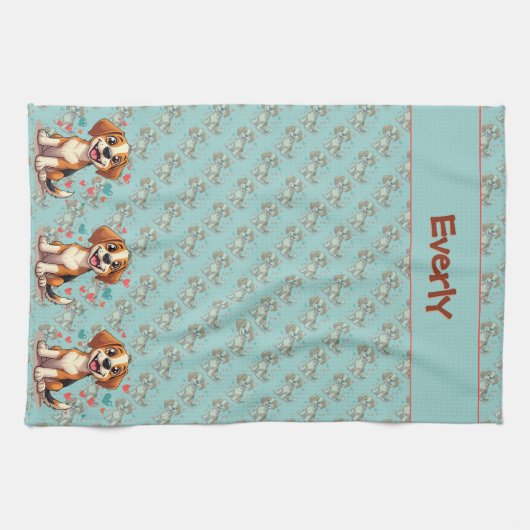 Cute Kawaii Beagle with Hearts Playful Dog Art Theedoek (Horizontaal)