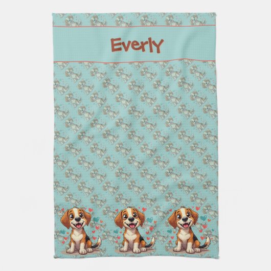 Cute Kawaii Beagle with Hearts Playful Dog Art Theedoek (Verticaal)