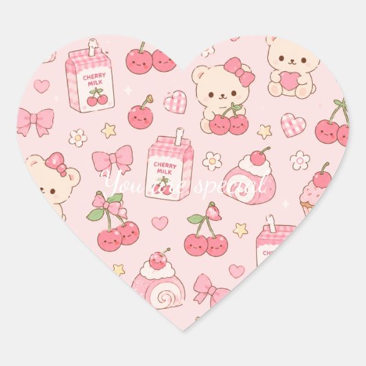 Cute Kawaii Bear Cherry Pattern | Pink Pastel Hart Sticker (Voorkant)