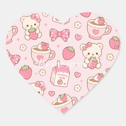 Cute Kawaii Bear Strawberry Tea Pattern | Pink  Hart Sticker (Voorkant)