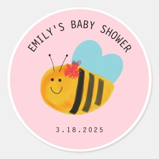 Cute Kawaii Bee Pink Baby shower Celebration Ronde Sticker (Voorkant)