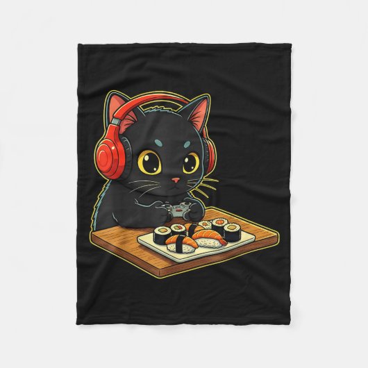 Cute Kawaii Black Cat Funny Sushi Retro Japanese C Fleece Deken (Voorkant)