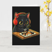Cute Kawaii Black Cat Funny Sushi Retro Japanese C Kaart (Gele Bloem)