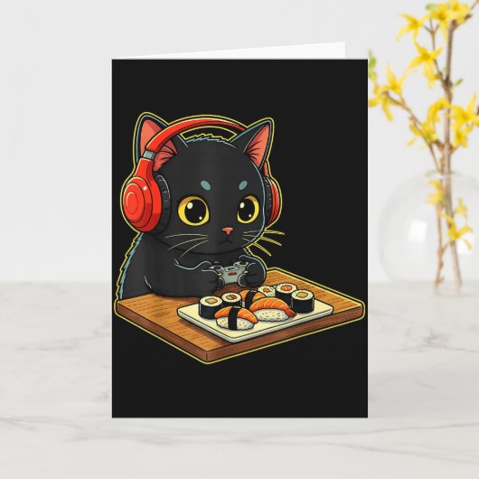 Cute Kawaii Black Cat Funny Sushi Retro Japanese C Kaart (Gele Bloem)